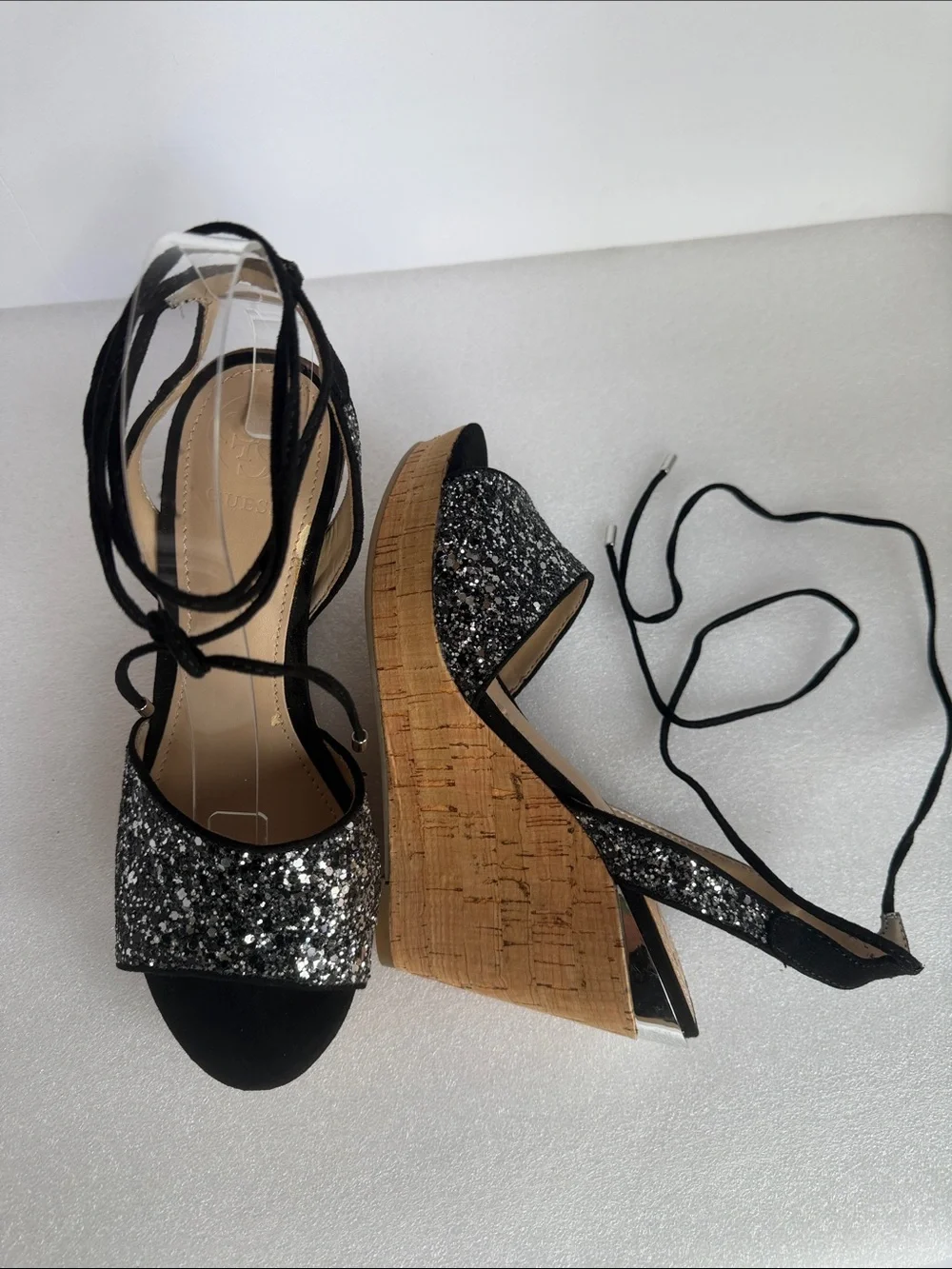 Guess Black Glitter Cork Wedge Sandals with Ankle Tie